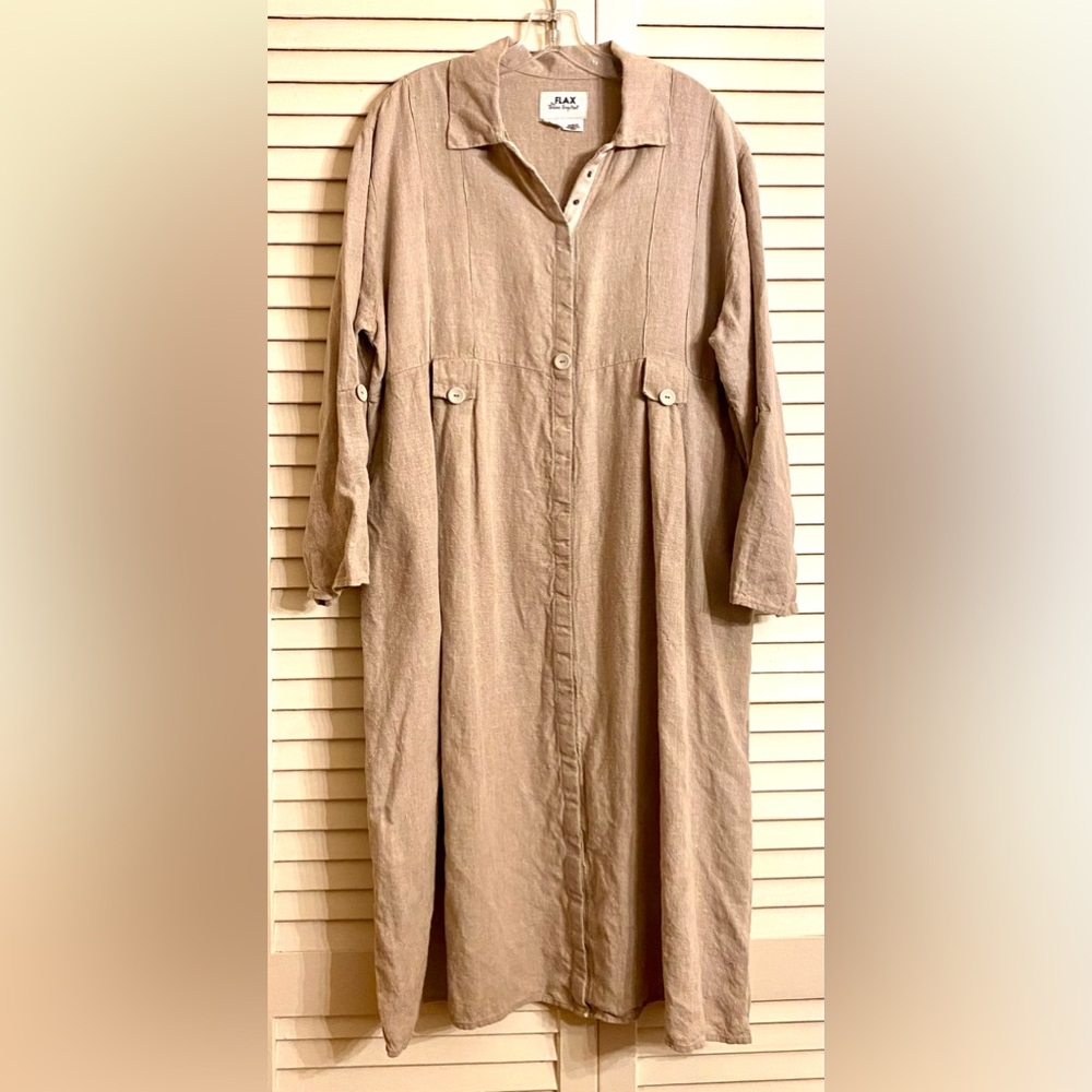 FLAX 100% Linen Tailored Long Dress / Duster w Pleats - Picture 3 of 8